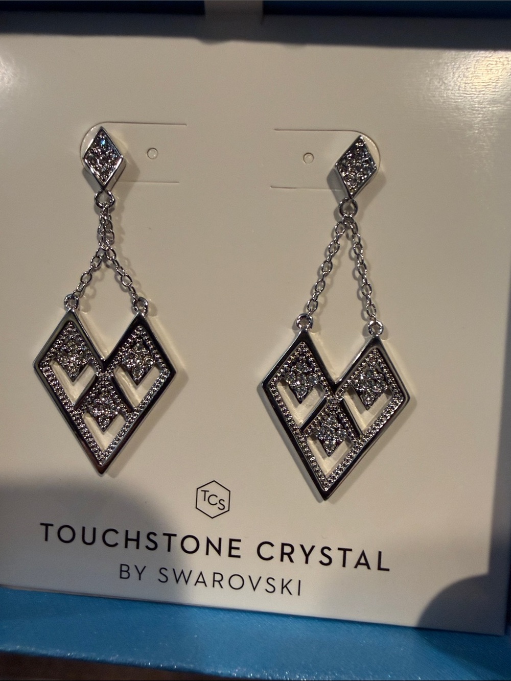 Touchstone Crystal Silver Geometric Drop Earrings with Clear Crystals